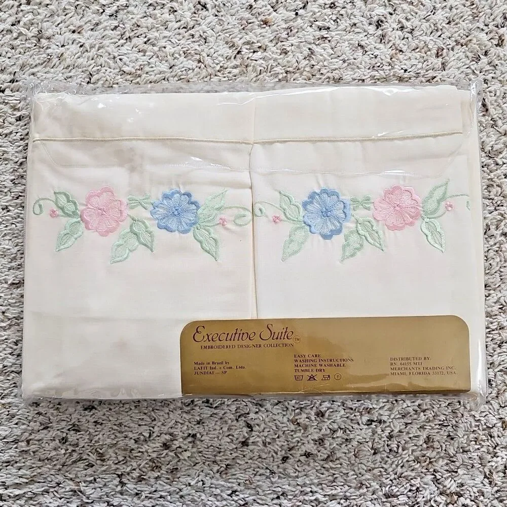 Vintage Executive Suite Embroidered Floral Cream Full Sheet Set NEW NOS Cottage
